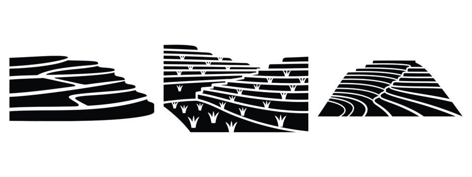 rice field terrace silhouette icon set. agriculture, plant-based lifestyle symbols