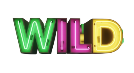 Colorful neon sign spelling the word wild, with glowing letters, isolated on transparent background