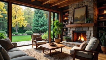 Fototapeta premium Cozy living room with a fireplace, comfortable seating, and large windows offering a tranquil view of a backyard garden Perfect for relaxation and quiet enjoyment , furniture, sofa