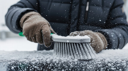 Person brushing snow off car windshield on winter day  