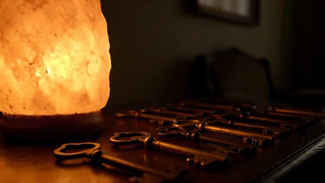Illuminated salt lamp shines near arranged antique keys on a wood table