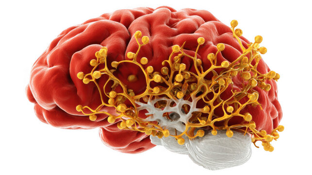 Blood vessels are supplying a human brain affected by a disease, showing the concept of blood brain barrier and its importance in protecting the central nervous system on a transparent background