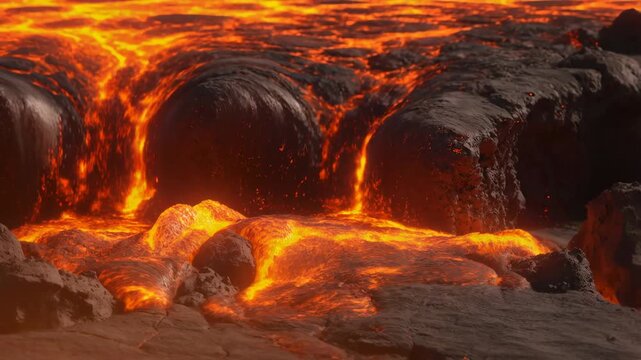 Molten lava flowing over rocks capturing intense heat and dynamic movement
