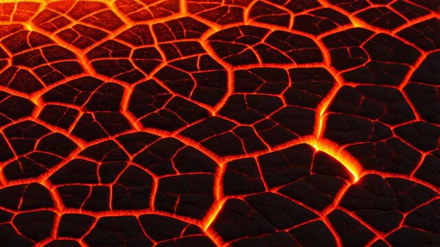 Fiery transition from glowing lava to cooled cracked earth surface texture