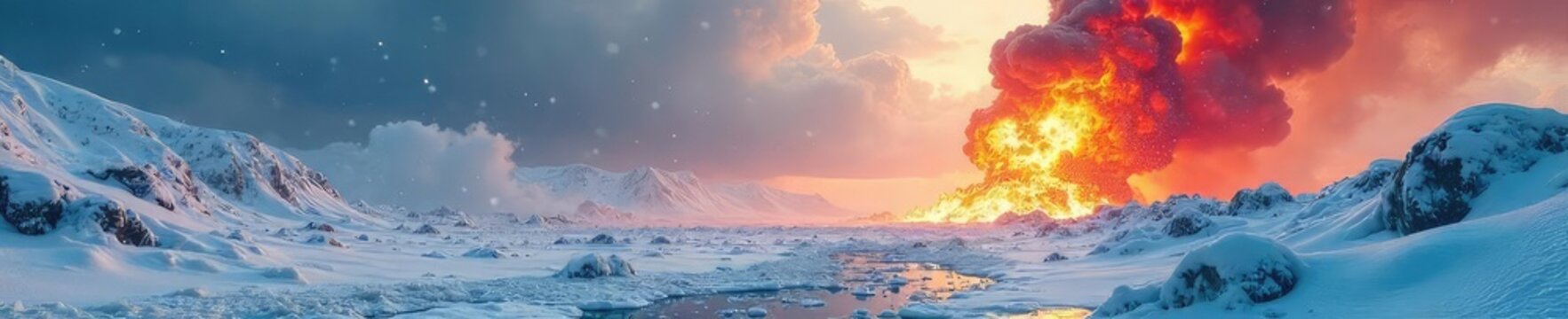 Frozen landscape shattered by a massive explosion, icy debris flung across a snow-covered wasteland The aftermath of a cataclysmic winter event , ice crystals, cold weather, destruction