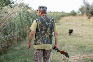 A hunter with his dogs, a spaniel and a german pointer, walk along the reeds in search of a pheasant.