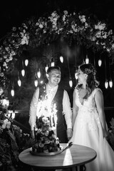 newlyweds happily cut and taste the wedding cake