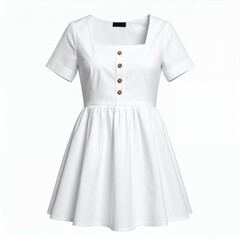 Elegant white dress with a square neckline and button detail on a white background