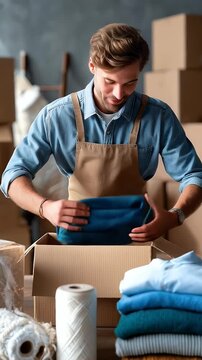 Man packing clothing in cardboard box indoors