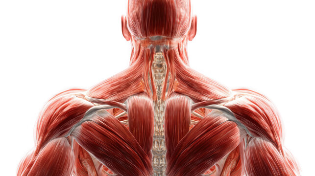 Highly detailed 3d rendering of male back muscles with spinal column and nervous system, perfect for medical illustrations and educational purposes, on transparent background