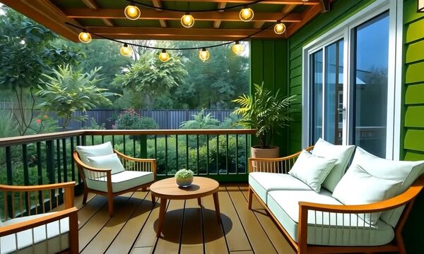 Cozy wooden deck patio with string lights overlooking a lush backyard garden retreat