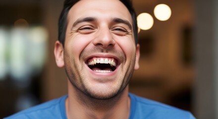 A man in a blue shirt laughing in a dimly lit room with a blurred background.