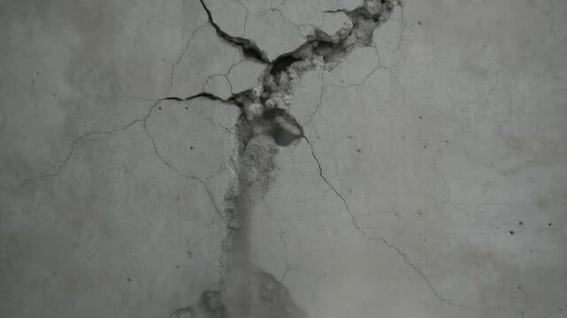 Concrete wall cracking in slow motion reveals destruction and structural damage