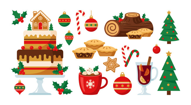 Christmas holiday food and decoration elements collection