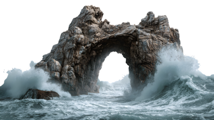 Dramatic ocean waves crash against a majestic natural stone arch sea cave formation with rough water textures