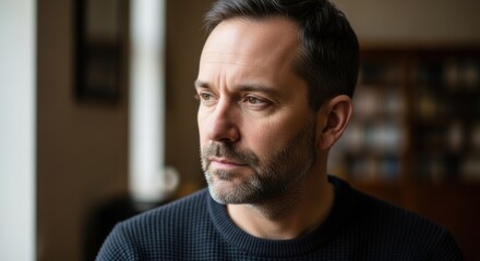 A man with a beard, wearing a dark sweater, looking out a window with a serious expression.