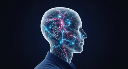 A transparent human head with glowing blue and red neural pathways and brain waves against a dark background.
