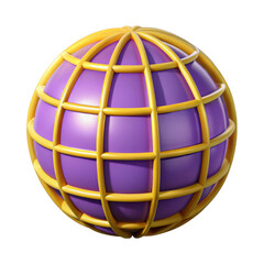 Purple globe with yellow grid pattern on white background isolated on transparent background