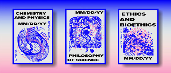 Poster templates in a bold abstract vector style feature swirling blue and pink line patterns with dotted particles and organic waves on gradient backgrounds, labeled with scientific disciplines.