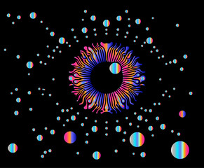 Surreal eye with a black pupil surrounded by rainbow gradient iris rays, encircled by scattered holographic bubble-like orbs. Conceptual illustration for vision, perception, psychedelic art.
