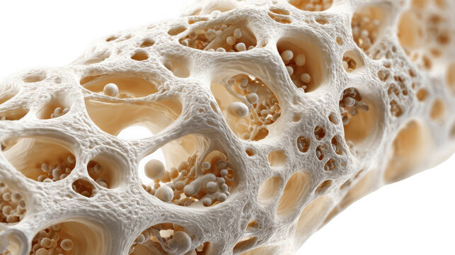 Scientifically accurate 3d rendering of bone remodeling showing osteoclasts, osteoblasts and osteocytes working together to maintain healthy bone structure, with transparent background