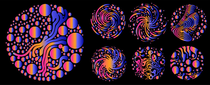 Psychedelic vector illustration displays a collection of circular abstract designs with fluid organic tentacles, swirling spirals, bubbles, and wavy distortions in vibrant rainbow gradients.