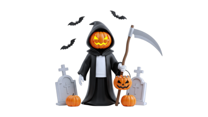 3D Halloween Grim Reaper with Pumpkins and Bats