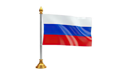 Russian Flag Waving on a Pole Against White Background