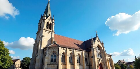Majestic church building with ornate details, stained glass windows, and a towering steeple against a clear blue sky Perfect for religious, architectural, or historical projects , christian, worship