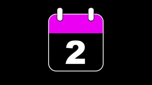 The Calendar Flips 2D Cartoon Animation. Alpha Channel. Calendar icon with number 02 on black background. template for digital scheduling, smart reminders, countdown interfaces, and timeline.
