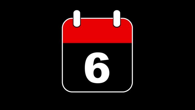 The Calendar Flips 2D Cartoon Animation. Alpha Channel. Calendar icon with number 06 on black background. template for digital scheduling, smart reminders, countdown interfaces, and timeline.