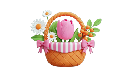 3D Rendered Floral Basket with Flowers and Bows on White