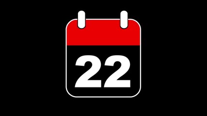 Abstract calendar icon - day no 22 animation. Simple technology calendar with date concept on black background. 4K Video motion graphic animation. Event reminder symbol.