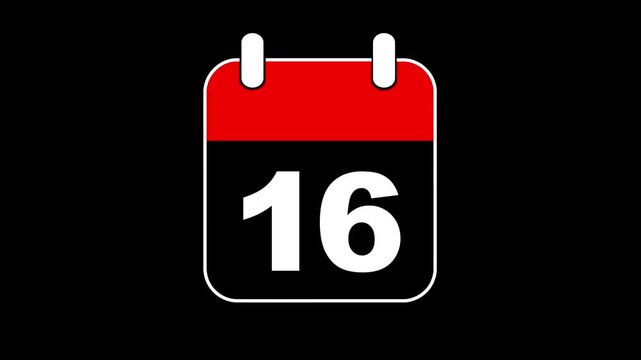 Modern calendar icon animation showing date number 16 on Clean and minimal design concept. Alpha Channel. Event reminder symbol. 4K Video motion graphic animation .Abstract calendar icon with date