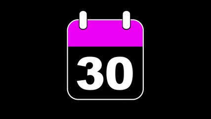 Abstract calendar icon - day no 30 animation. Simple technology calendar with date concept on black background. 4K Video motion graphic animation. Event reminder symbol.