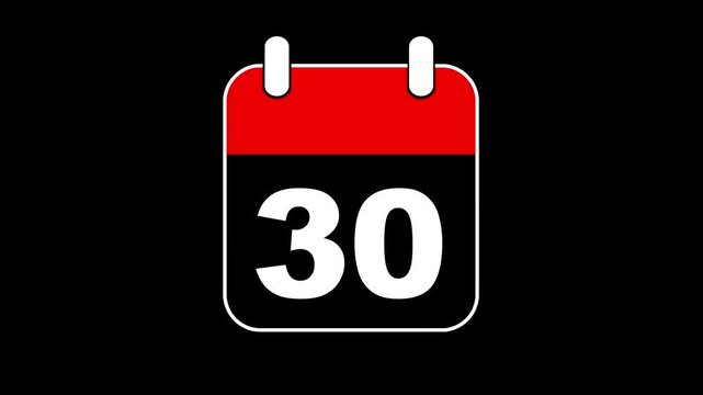 Abstract calendar icon - day no 30 animation. Simple technology calendar with date concept on black background. 4K Video motion graphic animation. Event reminder symbol.