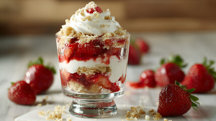 Layered strawberry trifle dessert isolated