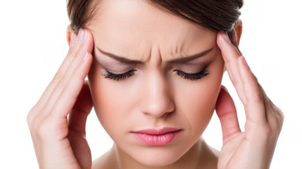 Young woman with closed eyes is massaging her temples, experiencing a severe headache highlighted by a red area on a transparent background