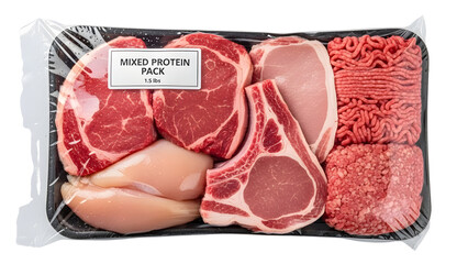 Fresh raw assorted meats packaging including beef, chicken, and pork chops on a tray. isolated PNG with Transparent Background