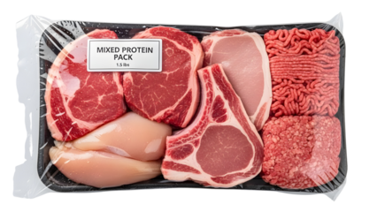 Fresh raw assorted meats packaging including beef, chicken, and pork chops on a tray. isolated PNG with Transparent Background
