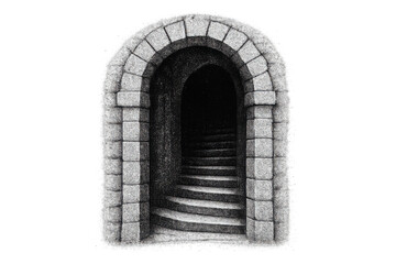 Fototapeta premium Stone arched doorway with winding stairs leading into a dark mysterious passage, on transparent background