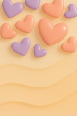 Obraz premium Decorative abstract background with glossy 3D pastel hearts arranged across a warm yellow wavy surface. Romantic modern design without copy space, suitable for Valentine’s Day visuals, wallpapers, pac