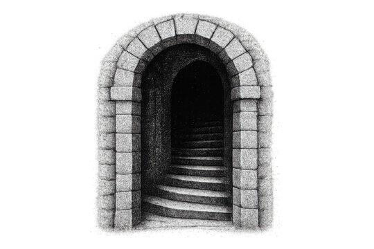 Stone arched doorway with winding stairs leading into a dark mysterious passage, on transparent background