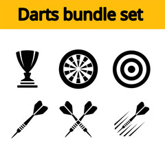 Minimal Black Darts Icons Set with Target Board, Bullseye, Trophy and Player Silhouette
