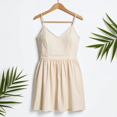 Elegant cream-colored dress hanging against a crisp white background, showcasing minimalist style