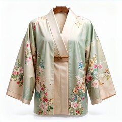 Floral patterned kimono jacket with soft hues isolated on a clean white backdrop
