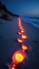 Mysterious footprints in glowing sand lead to a fantastical, unseen destination A whimsical scene perfect for fantasy and adventure projects , trace, spectacular