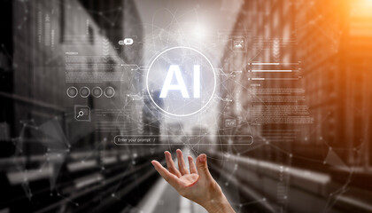 A futuristic interface for a generative AI system. A developer enters a prompt to initiate coding, data processing, and monitor the system's progress and performance. Fermion