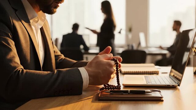 Muslim Business Man Using Tasbih Beads At Office Desk
