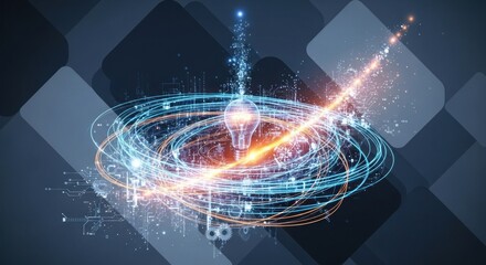 A futuristic, digital light bulb emitting a beam of light, surrounded by swirling lines and data, set against a dark, geometric background with a blue and black color scheme.